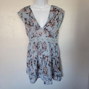 Anthropologie Foxiedox NWOT Women's Small Blue Floral Mini Dress Plunge V-neck